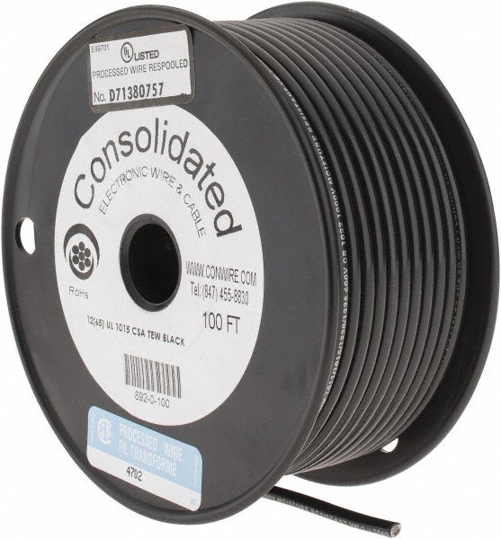 Made in USA 12 AWG, 65 Strand, 100' OAL, Tinned Copper Hook Up Wire - 892-0-100