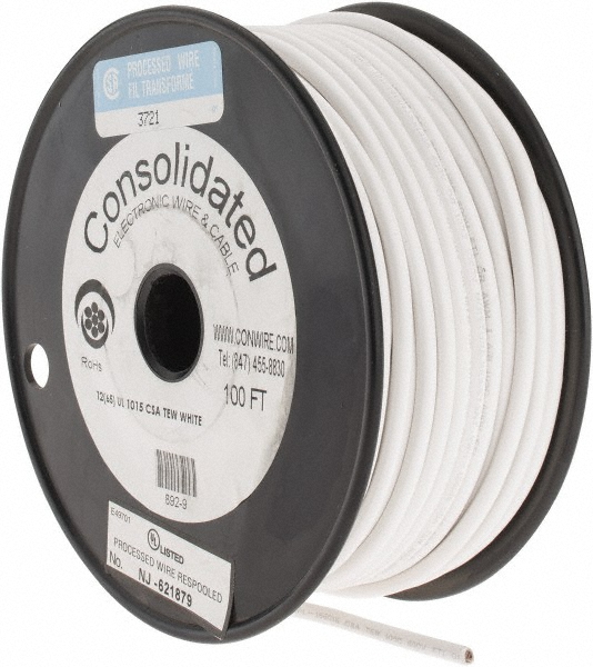 Made in USA 12 AWG, 65 Strand, 100' OAL, Tinned Copper Hook Up Wire - 892-0-100