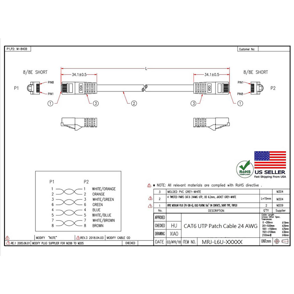 CompuCablePlusUSA Network & Ethernet Cable: Wire Type: Cat6; Wire Size: 24.000; Shield Type: Unshielded; Transmission Speed: 550 - MRJ-L6U-10GRA10