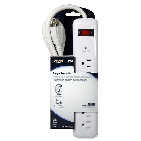 Powerzone Surge Protector, 125 V, 15 A, 6-Outlet, 750 Joules Energy, White - OR802124