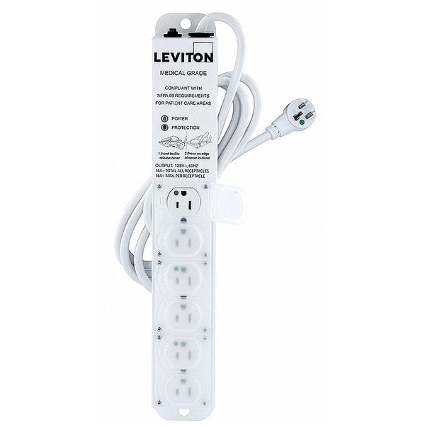 Leviton Outlet Strip, 15 A, 7 ft Cord L, 6 Outlets - 5306M-1S7