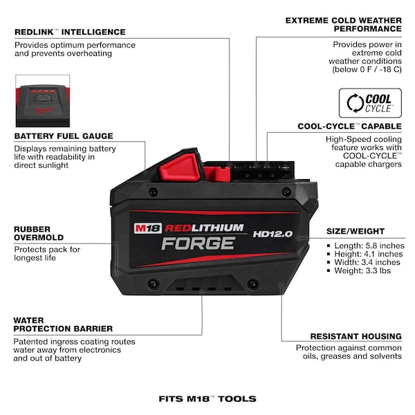 Milwaukee Tool Cordless Tool Battery Kit, 18 V, 12 Ah Cap - 48-59-1300