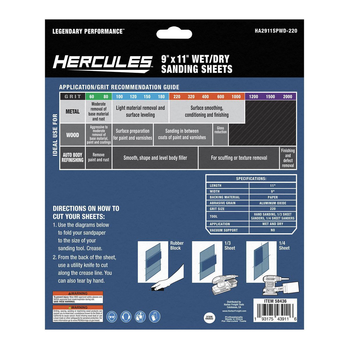 Hoja de lija húmeda/seca de Hercules 9 pulg. x 11 pulg. con grano de óxido de aluminio de 220 gramos, paquete de 5 - 58436