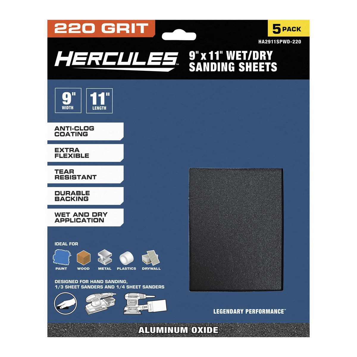 Hoja de lija húmeda/seca de Hercules 9 pulg. x 11 pulg. con grano de óxido de aluminio de 220 gramos, paquete de 5 - 58436
