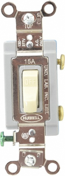 Hubbell Wiring Device-Kellems Wall & Dimmer Light Switches; Switch Operation: Rocker; Grade: Residential; Number of Poles: 1; Amperage: 15 A; Frequency: 60 Hz; Number Of Poles: 1; Number Of Phases: 1; Number Of Wires: 3; Overall Height: 4.13 in; Overall Width: 1.77 in; Amperage: 15 A; Frequency Rating (Hz): 60 Hz - IDEV0009HW