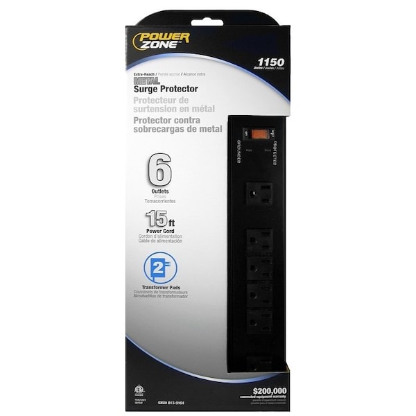 Powerzone Surge Protector Power Strip, 125 V, 15 A, 6-Outlet, 1150 Joules Energy, Black - OR802135