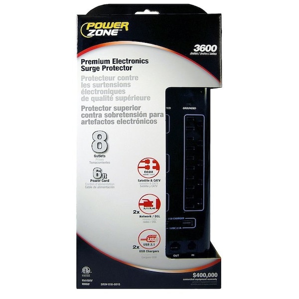 Powerzone Surge Protector Power Strip, 125 V, 15 A, 8-Outlet, 3600 Joules Energy, Black - OR503118
