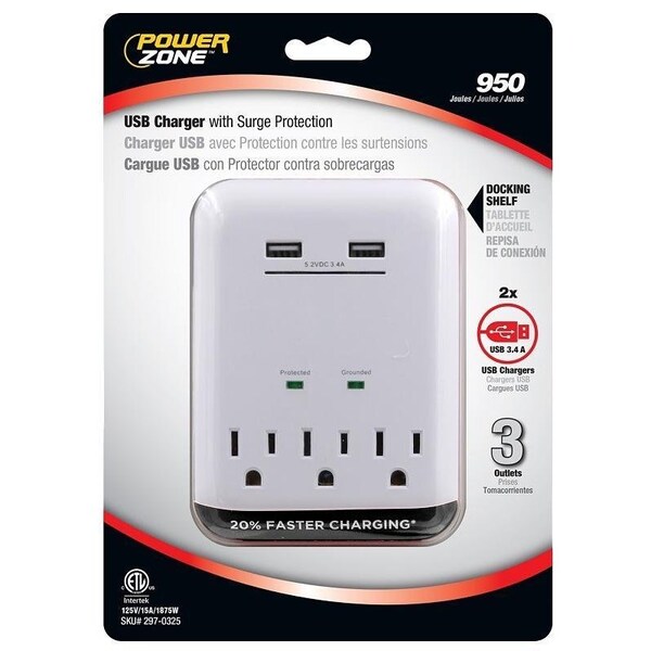 Powerzone USB Charger, 125 V, 15 A, 3-Outlet, 950 Joules Energy, White - ORUSB343S