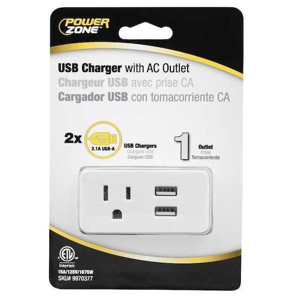 Powerzone Outlet Tap, 2.1 A, 2-USB Port, 1-Outlet, White - ORPBU0012