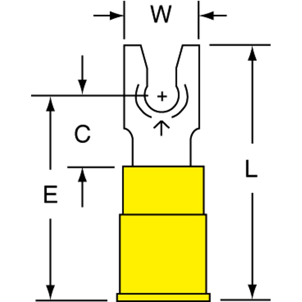 Value Collection Standard Fork Terminal: Yellow, Nylon, Partially Insulated, #6 Stud, Crimp - BD-18350