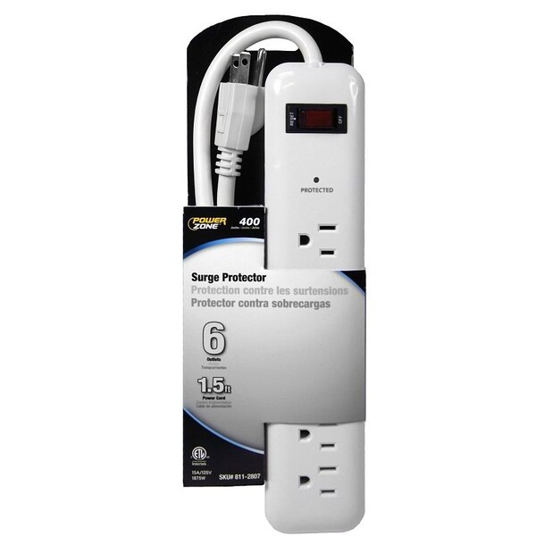 Powerzone Surge Protector Power Strip, 125 V, 15 A, 6-Outlet, 400 Joules Energy, White - OR802013