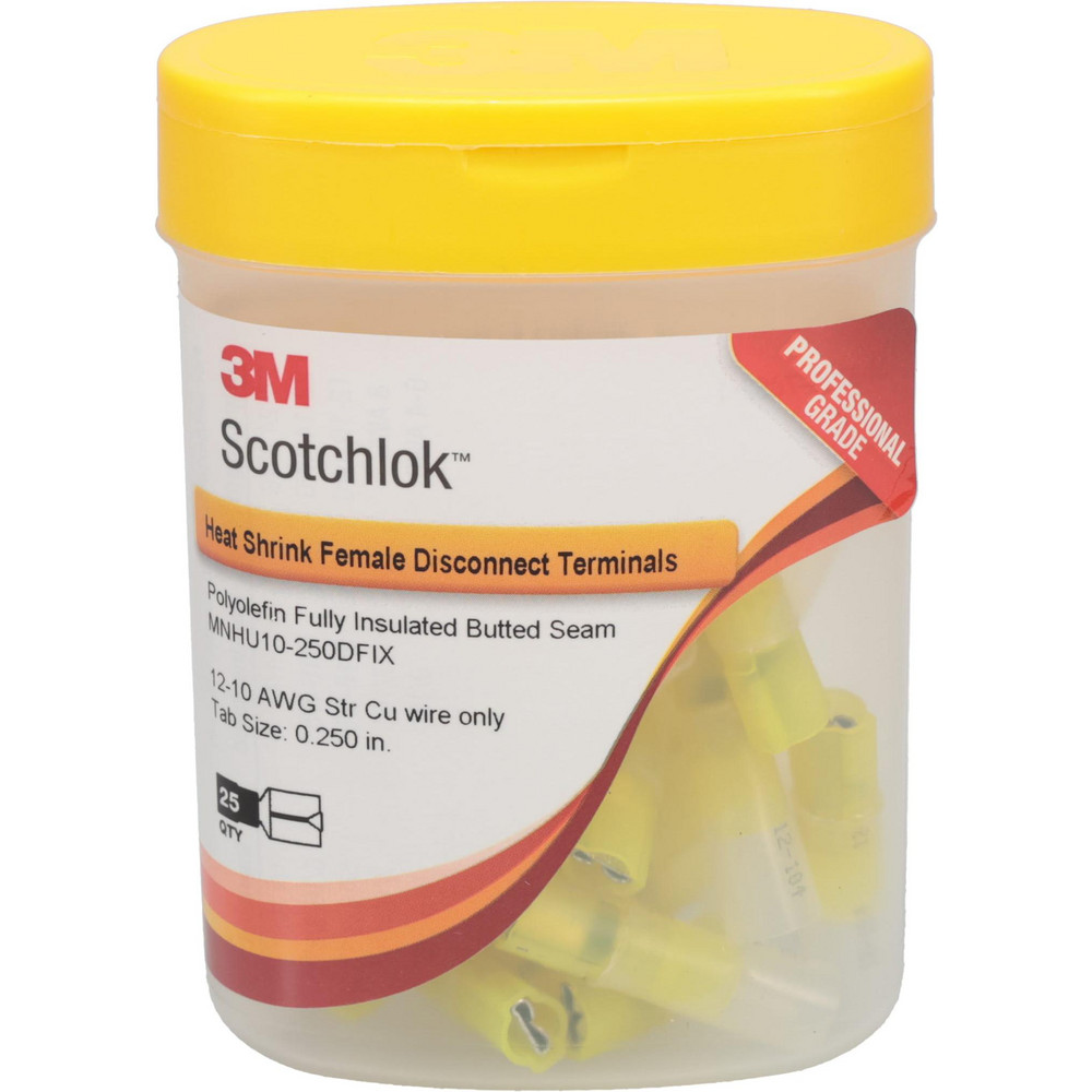 3M Wire Disconnect: Female, Yellow, Nylon Heat Shrink, 12-10 AWG, 1/4" Tab Width - 7000133382