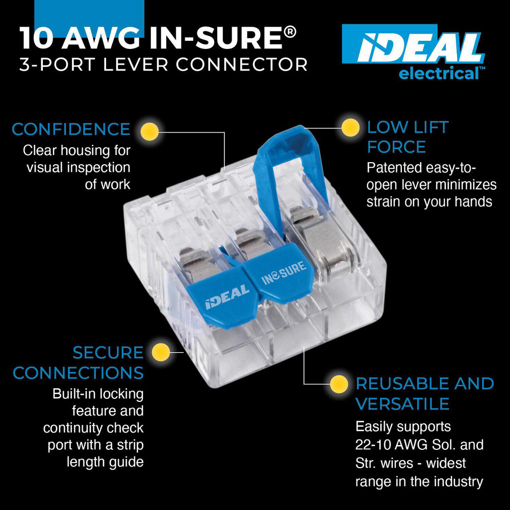 Ideal 10AWG 3 PORT 75/PK PUSH-IN WIRE CONNECTORS - 30-10L33
