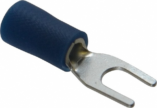 Thomas & Betts Standard Fork Terminal: Red, Vinyl, Partially Insulated, #6 Stud, Crimp - TV18-6F-XV