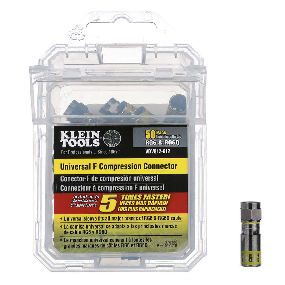 Klein Tools Coaxial Connectors; Connector Type: F-Type; Termination Method: Compression; Compatible Coaxial Type: RG6; Impedance (Ohms): 75 Ω; Body Orientation: Straight; Frequency: 3 GHz; Finish: Nickel; Contact Material: Alloy Steel; Contact Plating: Nickel; Body Material: Brass - VDV812-612