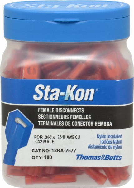 Ideal Wire Disconnect: Female, Red, Vinyl, 22-18 AWG, 1/4" Tab Width - 83-9571