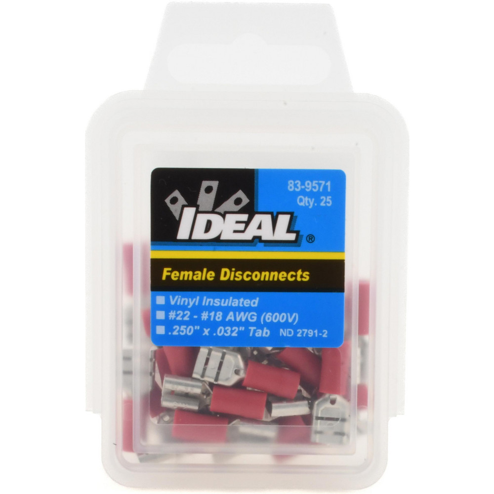 Ideal Wire Disconnect: Female, Red, Vinyl, 22-18 AWG, 1/4" Tab Width - 83-9571
