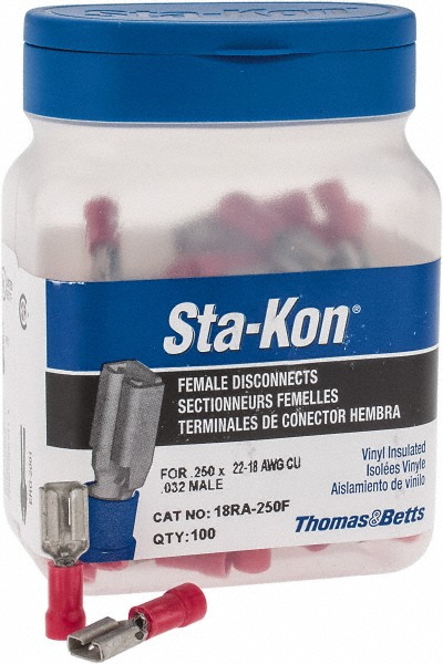 Ideal Wire Disconnect: Female, Red, Vinyl, 22-18 AWG, 1/4" Tab Width - 83-9571