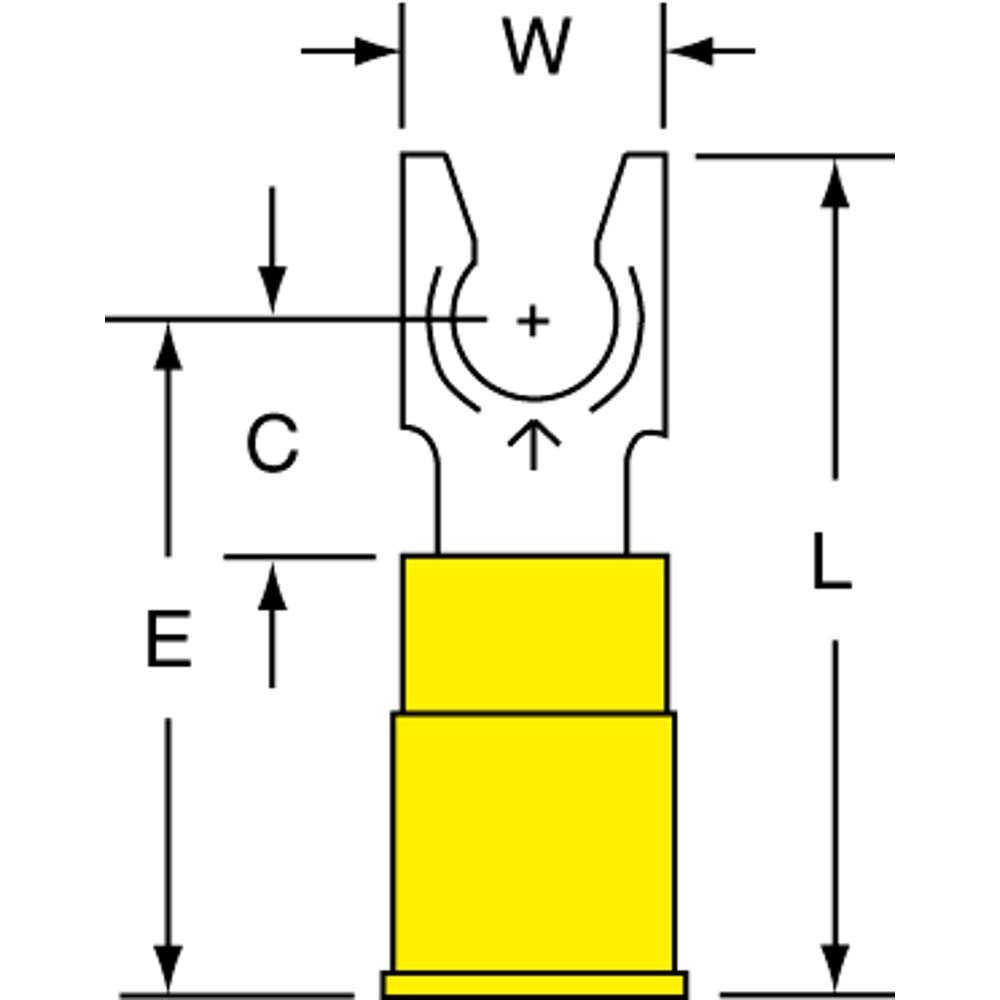 Value Collection Standard Fork Terminal: Yellow, Polyolefin, Partially Insulated, #6 & #8 Stud, Crimp - BOW-23840-1