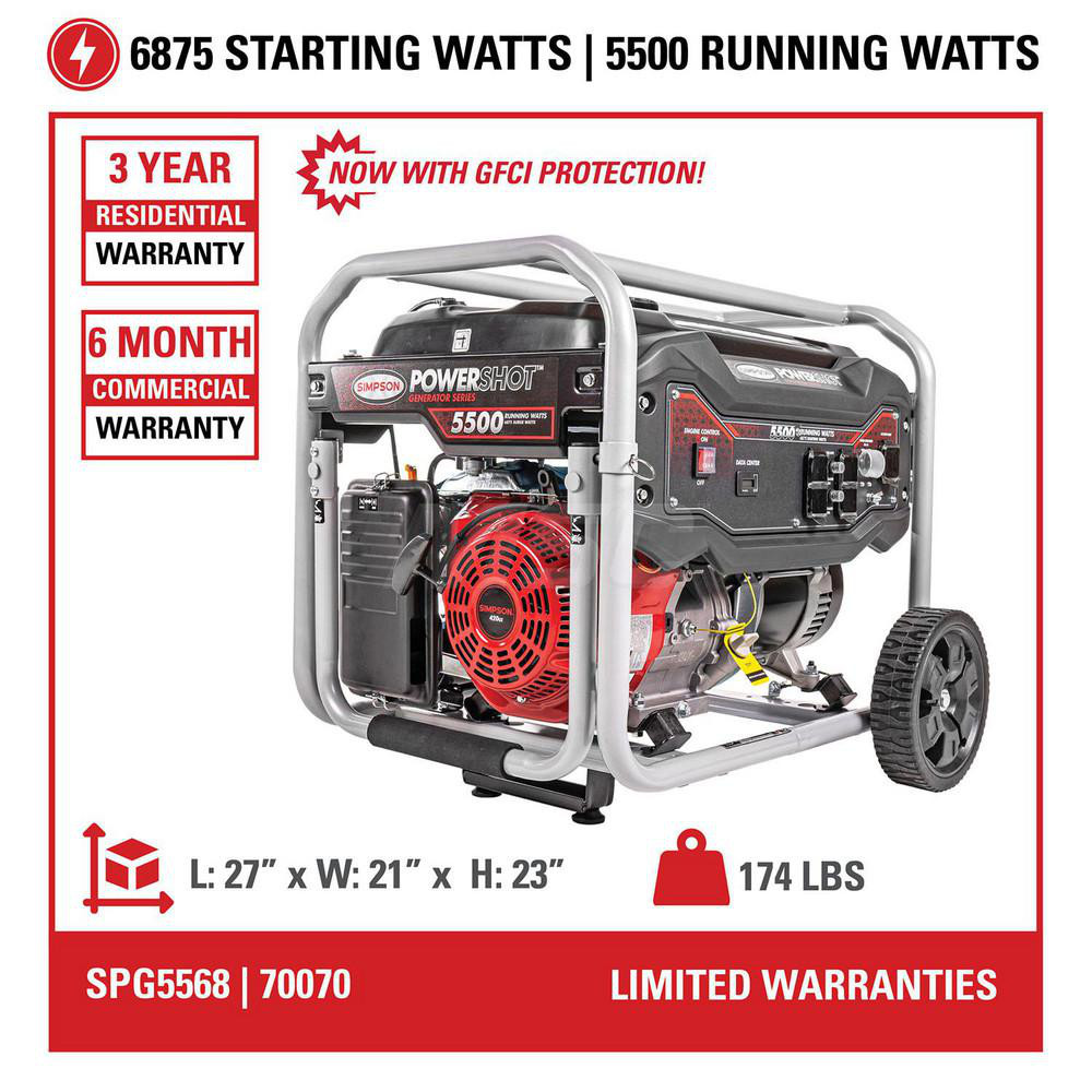 Simpson Portable Power Generator: Gasoline, 5,500W, 9 h, Recoil - 70070