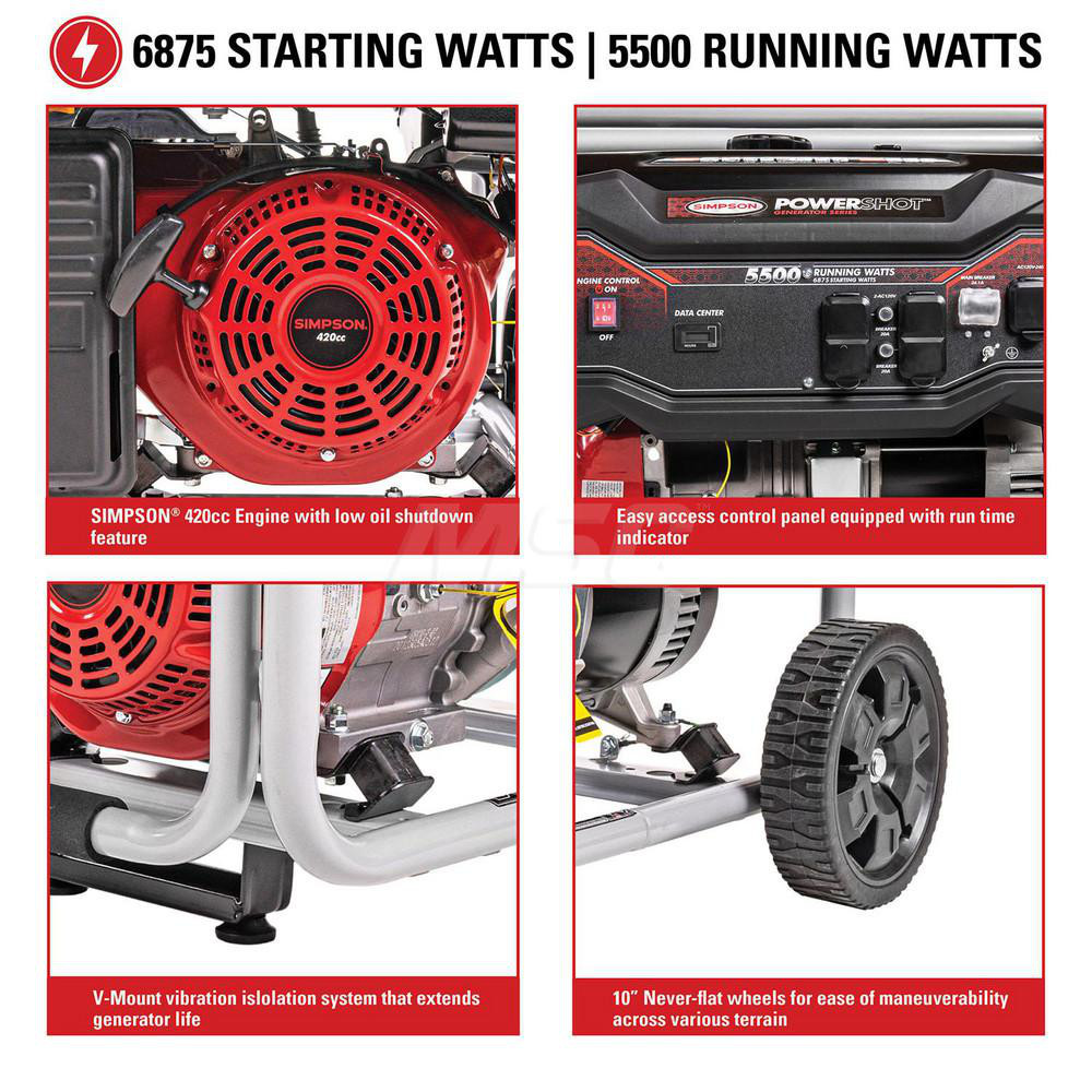 Simpson Portable Power Generator: Gasoline, 5,500W, 9 h, Recoil - 70070
