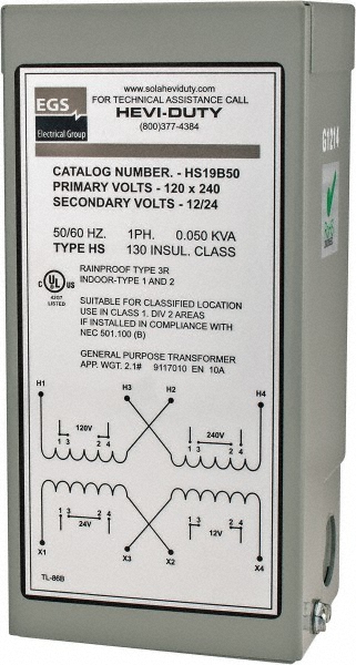 Sola/Hevi-Duty 120/240 Input Volt, 12/24 Output Volt, 60 Hz, Buck Boost Transformer - HS19F3A