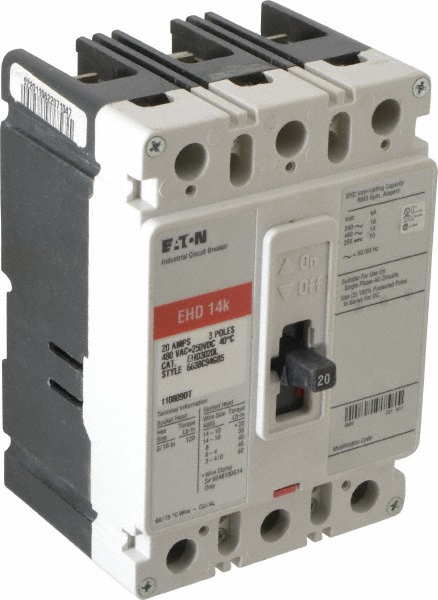 Eaton Cutler-Hammer 20 Amp, 250 VDC, 480 VAC, 3 Pole, Molded Case Circuit Breaker - EHD3020L