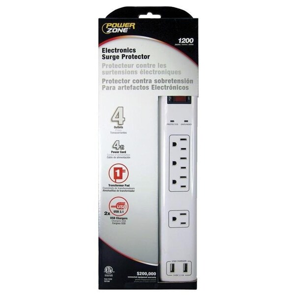 Powerzone Surge Protector, 125 V, 15 A, 4-Outlet, 1200 Joules Energy, White - OR505104