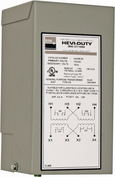 Sola/Hevi-Duty 120/240 Input Volt, 16/32 Output Volt, 60 Hz, Buck Boost Transformer - HS20B150
