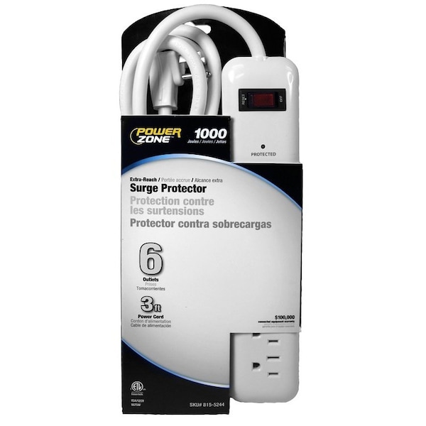 Powerzone Surge Protector Power Strip, 125 V, 15 A, 6-Outlet, 1000 Joules Energy, White - OR802126
