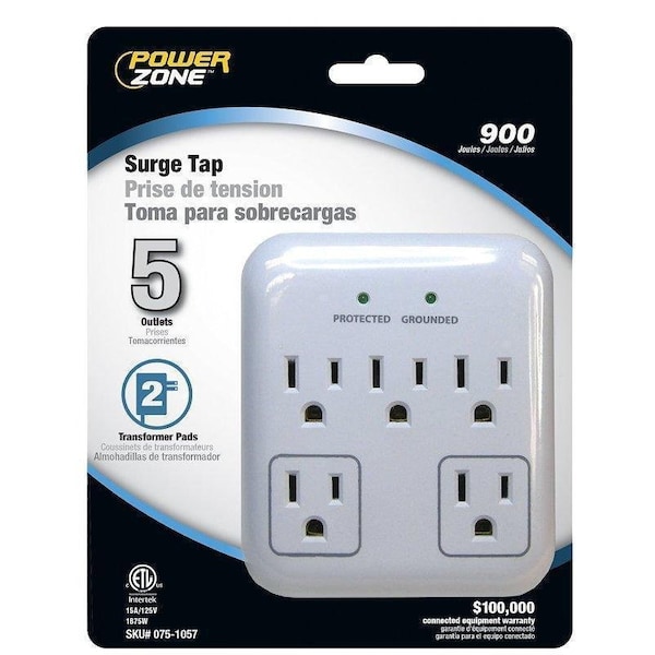 Powerzone Tap Surge Protector, 125 V, 15 A, 5-Outlet, 900 Joules Energy, Gray & White - OR802155