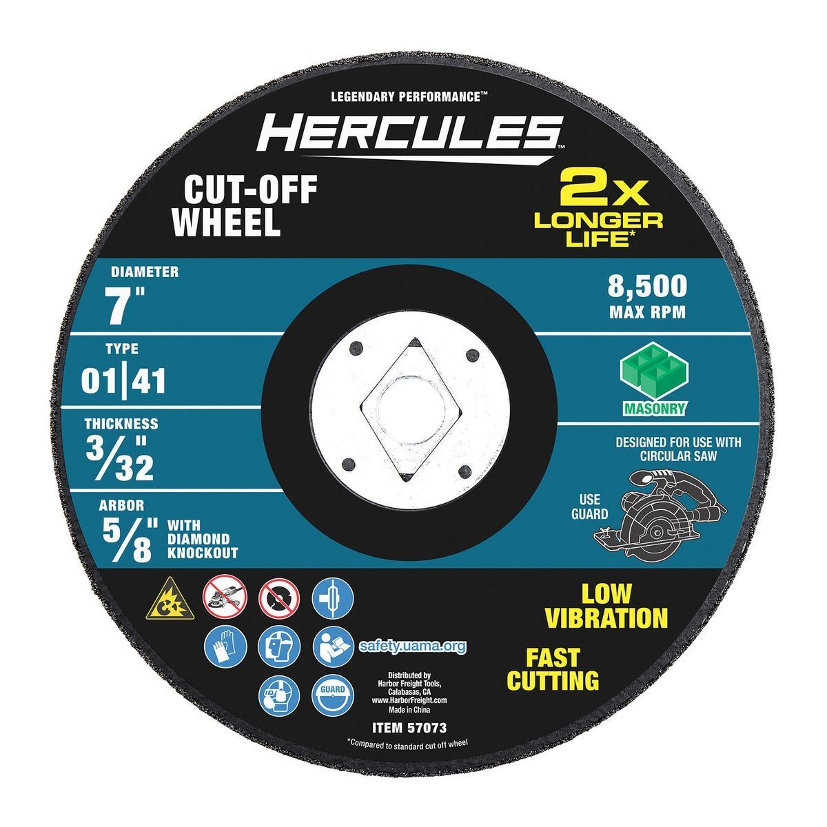 Hércules 7 pulgadas x 3/32 pulgadas x 5/8 pulgadas y Rueda de corte para albañilería con corte de diamante Tipo 01/41 y expulsor de diamante - 57073