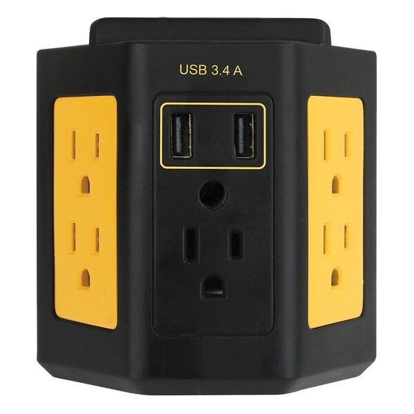 Powerzone Outlet Adapter, 3.4 A, 2-USB Port, 5-Outlet, Black/Yellow - ORPBWTU345