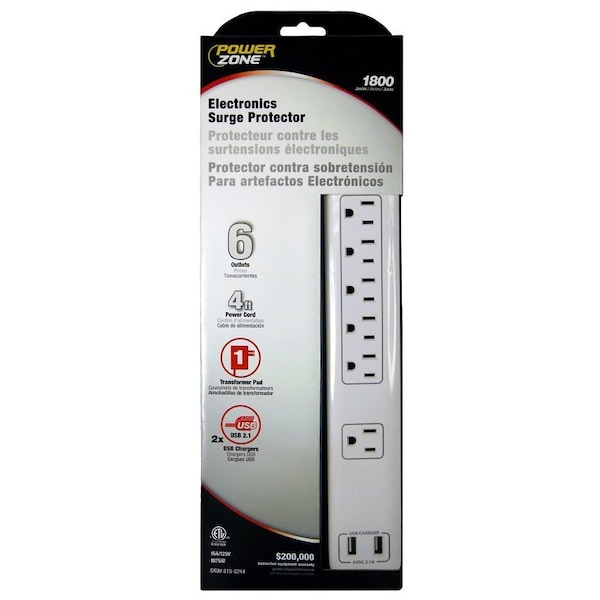 Powerzone Surge Protector Power Strip, 125 V, 15 A, 6-Outlet, 1800 Joules Energy, White - OR525106