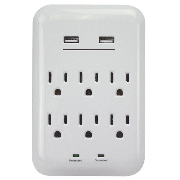 Powerzone USB Charger with Surge Protection, 2-Pole, 125 V, 15 A, 6-Outlet, 1200 Joules Energy, White - ORUSB346S