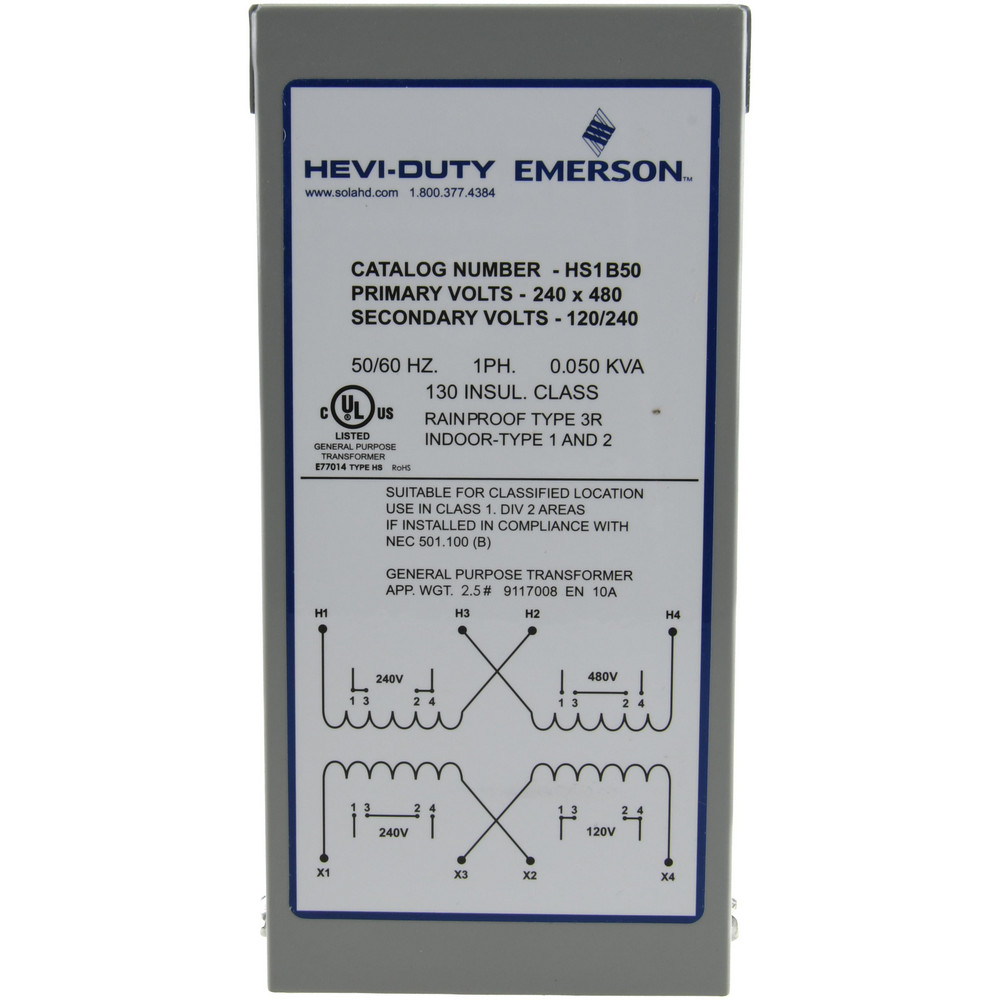 Square D 1 Phase, 240 x 480 Volt Input, 120/240 Volt Output, 1/4 kVA, General Purpose Transformer - 250SV1B