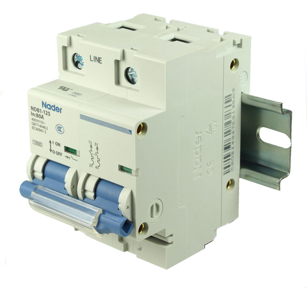 Nader Circuit Breakers; Circuit Breaker Type: C60SP - Supplementary Protection; Milliamperage (mA): 80000; 80; Number of Poles: 1; Breaking Capacity: 10 kA; Tripping Mechanism: Thermal-Magnetic; Terminal Connection Type: Screw; Mounting Type: DIN Rail Mount; Voltage: 240 VAC; 60 VDC - NDB1-125C80-1