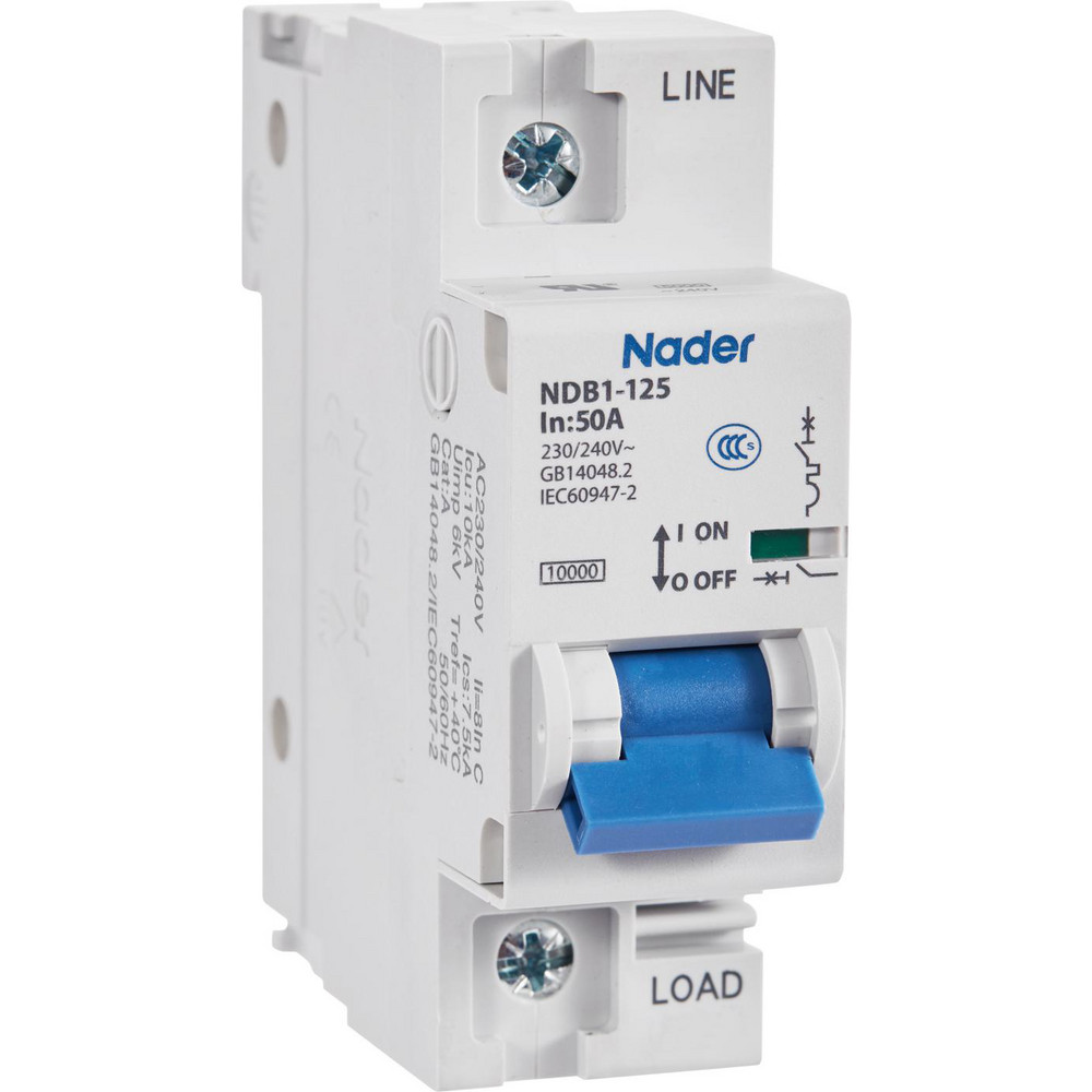 Nader Circuit Breakers; Circuit Breaker Type: C60SP - Supplementary Protection; Milliamperage (mA): 80000; 80; Number of Poles: 1; Breaking Capacity: 10 kA; Tripping Mechanism: Thermal-Magnetic; Terminal Connection Type: Screw; Mounting Type: DIN Rail Mount; Voltage: 240 VAC; 60 VDC - NDB1-125C80-1