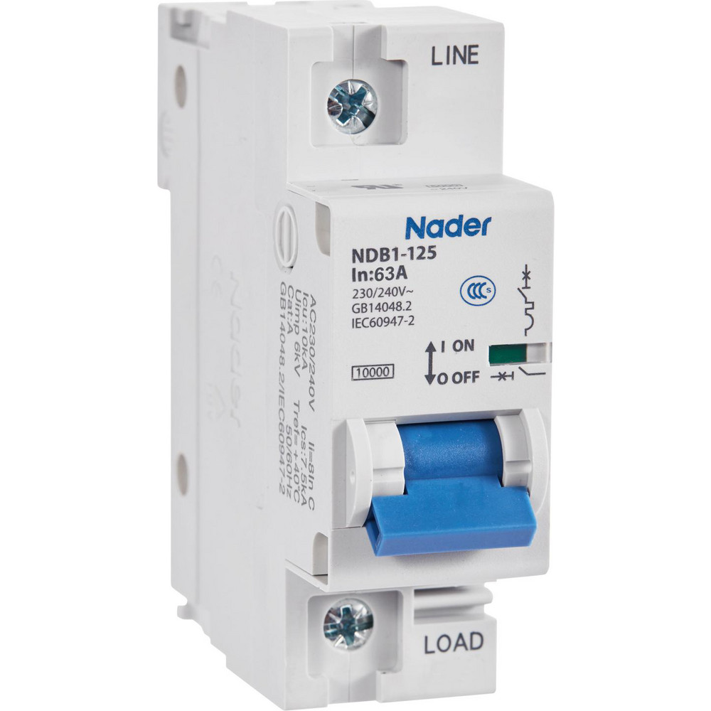 Nader Circuit Breakers; Circuit Breaker Type: C60SP - Supplementary Protection; Milliamperage (mA): 80000; 80; Number of Poles: 1; Breaking Capacity: 10 kA; Tripping Mechanism: Thermal-Magnetic; Terminal Connection Type: Screw; Mounting Type: DIN Rail Mount; Voltage: 240 VAC; 60 VDC - NDB1-125C80-1