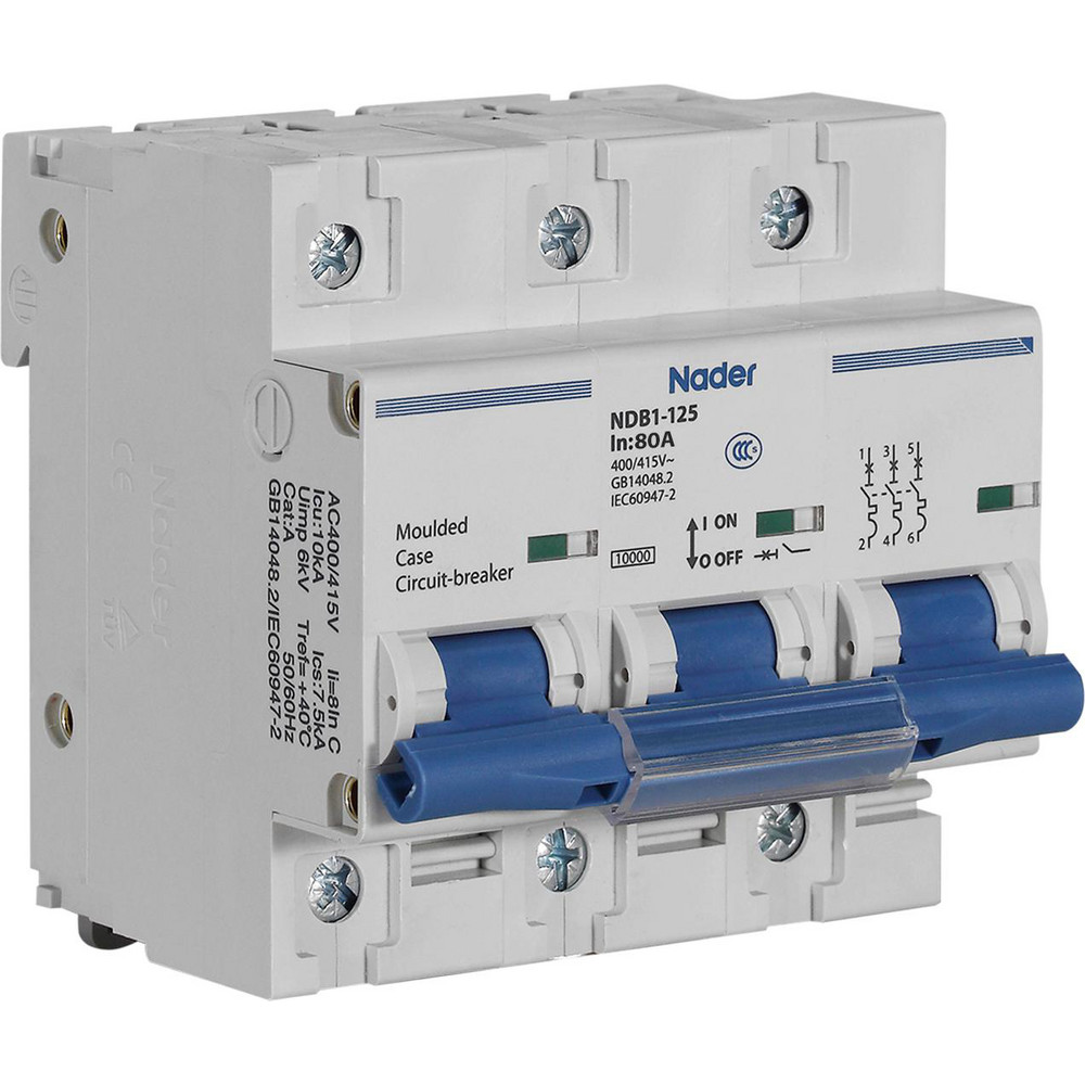 Nader Circuit Breakers; Circuit Breaker Type: C60SP - Supplementary Protection; Milliamperage (mA): 80000; 80; Number of Poles: 1; Breaking Capacity: 10 kA; Tripping Mechanism: Thermal-Magnetic; Terminal Connection Type: Screw; Mounting Type: DIN Rail Mount; Voltage: 240 VAC; 60 VDC - NDB1-125C80-1