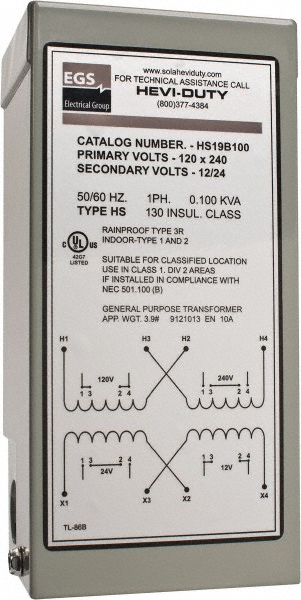 Sola/Hevi-Duty 120/240 Input Volt, 12/24 Output Volt, 60 Hz, Buck Boost Transformer - HS19B100