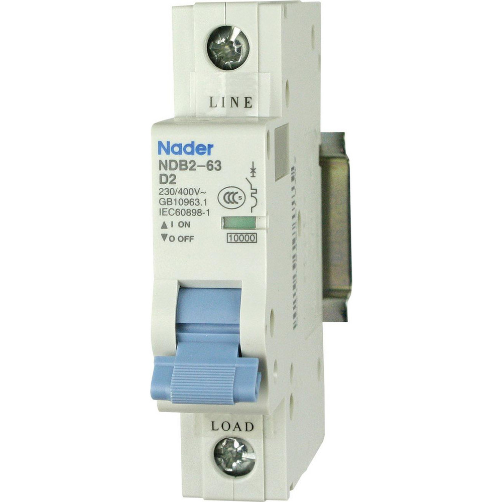 Nader Circuit Breakers; Circuit Breaker Type: C60SP - Supplementary Protection; Milliamperage (mA): 20000; 20; Number of Poles: 1; Breaking Capacity: 10 kA; Tripping Mechanism: Thermal-Magnetic; Terminal Connection Type: Screw; Mounting Type: DIN Rail Mount; Voltage: 240 VAC; 60 VDC - NDB2-63D20-1