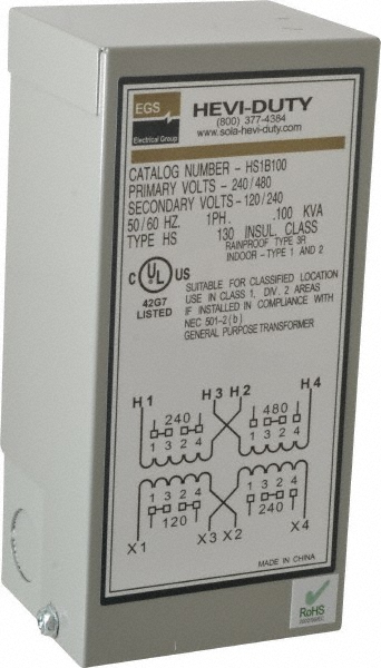 Sola/Hevi-Duty 1 Phase, 240-480 Volt Input, 120/240 Volt Output, 60 Hz, 0.1 kVA, General Purpose Transformer - HS1B100