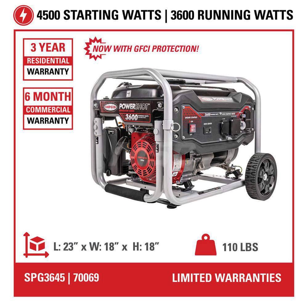 Simpson Portable Power Generator: Gasoline, 3,600W, 8 h, Recoil - 70068