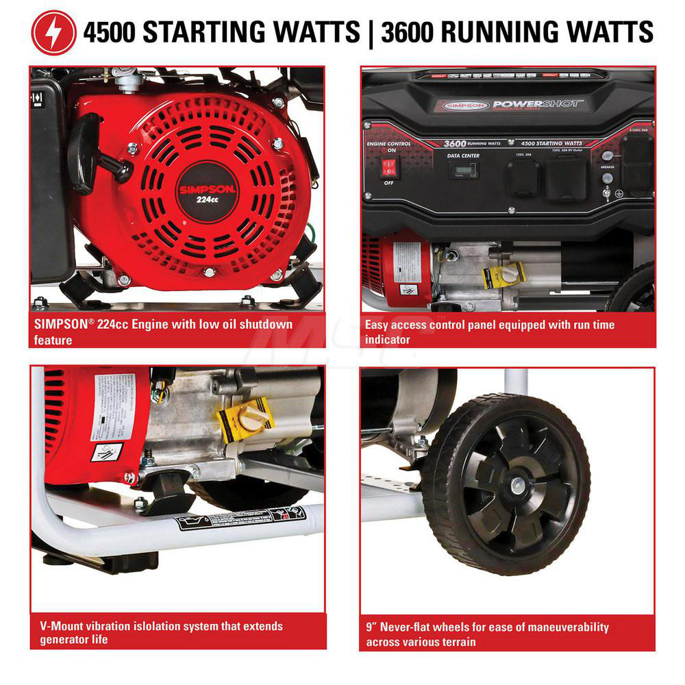Simpson Portable Power Generator: Gasoline, 3,600W, 8 h, Recoil - 70068