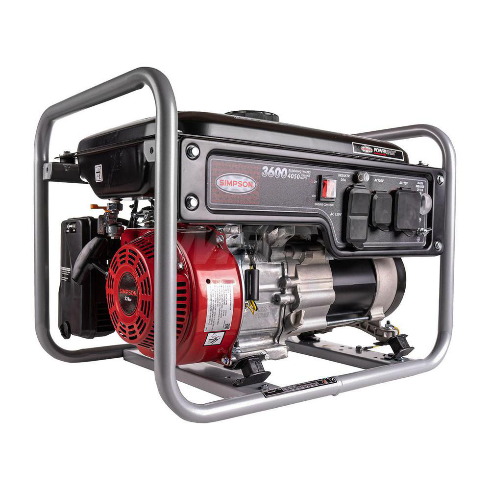 Simpson Portable Power Generator: Gasoline, 3,600W, 8 h, Recoil - 70068
