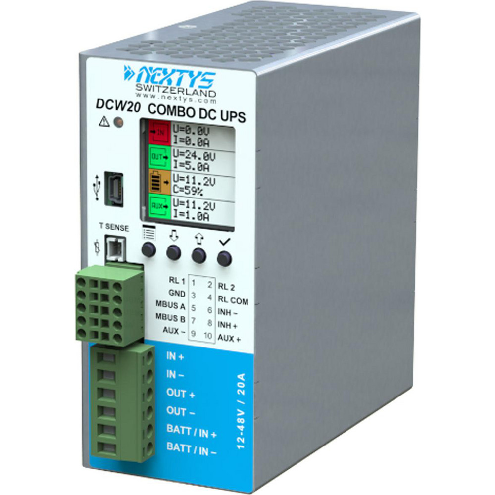 Nextys Power Supplies; Mounting Type: DIN Rail Mount; Output Wattage: 960; Maximum Input Voltage: 264 VAC; Minimum Input Voltage: 85 VAC; Number of Outputs: 1; Output Voltage: 12-48 VDC; Output Amperage (mA): 20000; 20; Connection Type: Screw Clamp; Overall Height (Decimal Inch): 4.53 - ASIDCW20