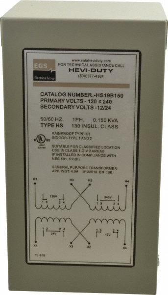 Sola/Hevi-Duty 120/240 Input Volt, 16/32 Output Volt, 60 Hz, Buck Boost Transformer - HS20F500B