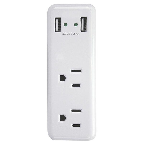 Powerzone Outlet Charger, 2.4 A, 2-USB Port, 2-Outlet, White - ORUSB242