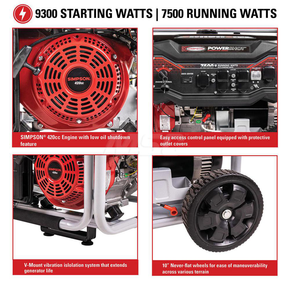 Simpson Portable Power Generator: Gasoline, 7,500W, 8 h, Electric & Recoil - 70072